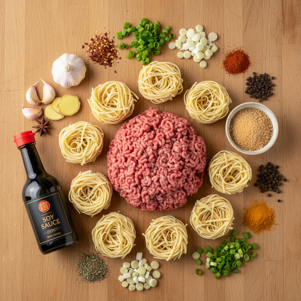Ingredients to make Mongolian Ground Beef Noodles on a kitchen counter