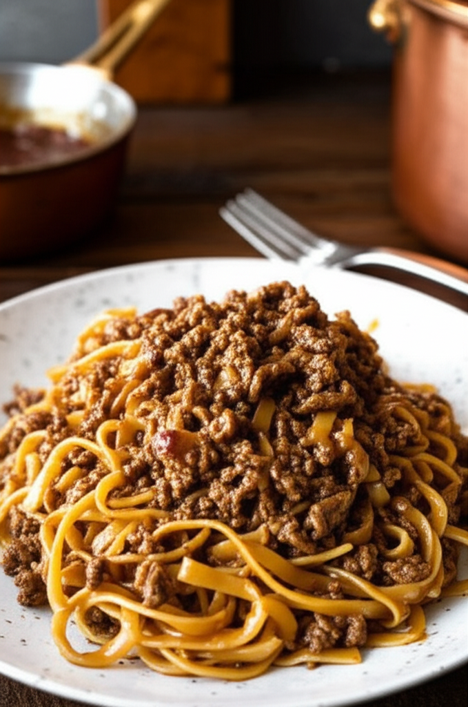Mongolian Ground Beef Noodles served in a bowl