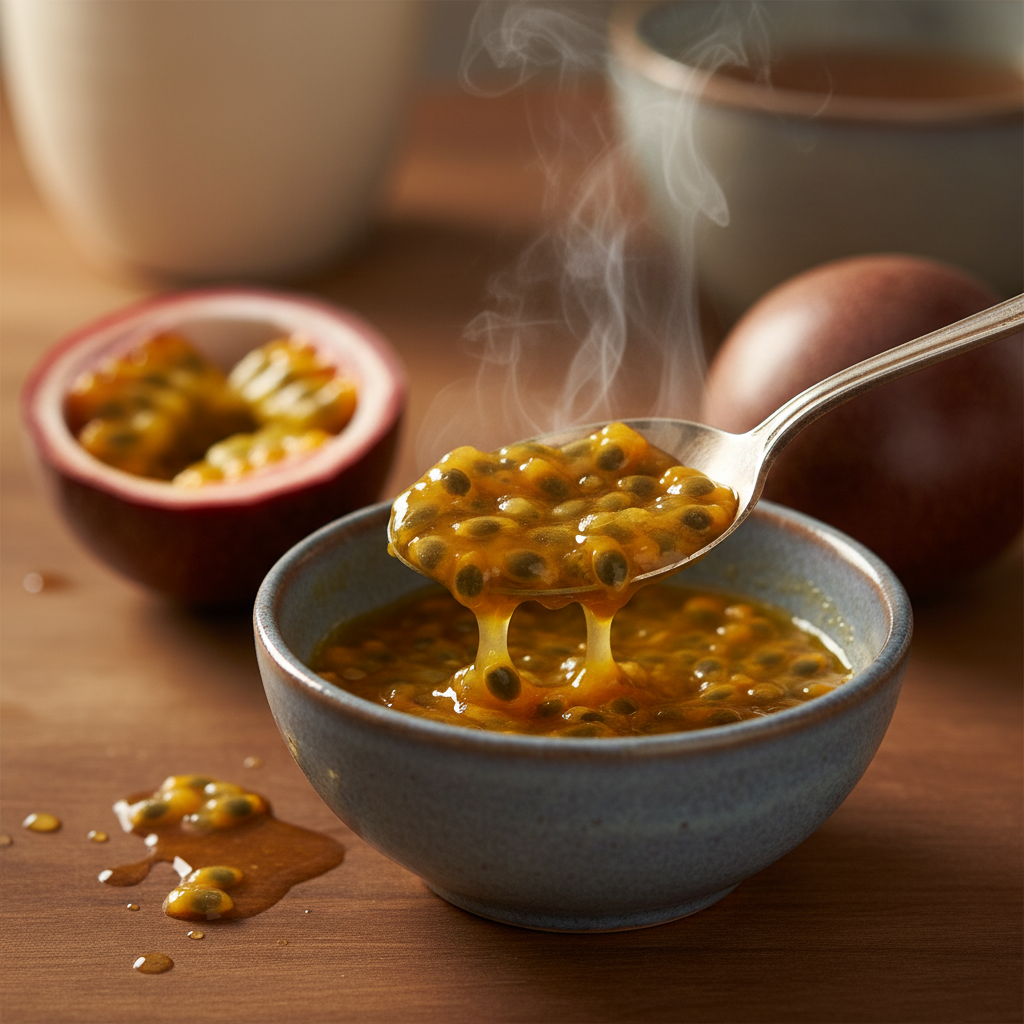 Scooping passion fruit pulp