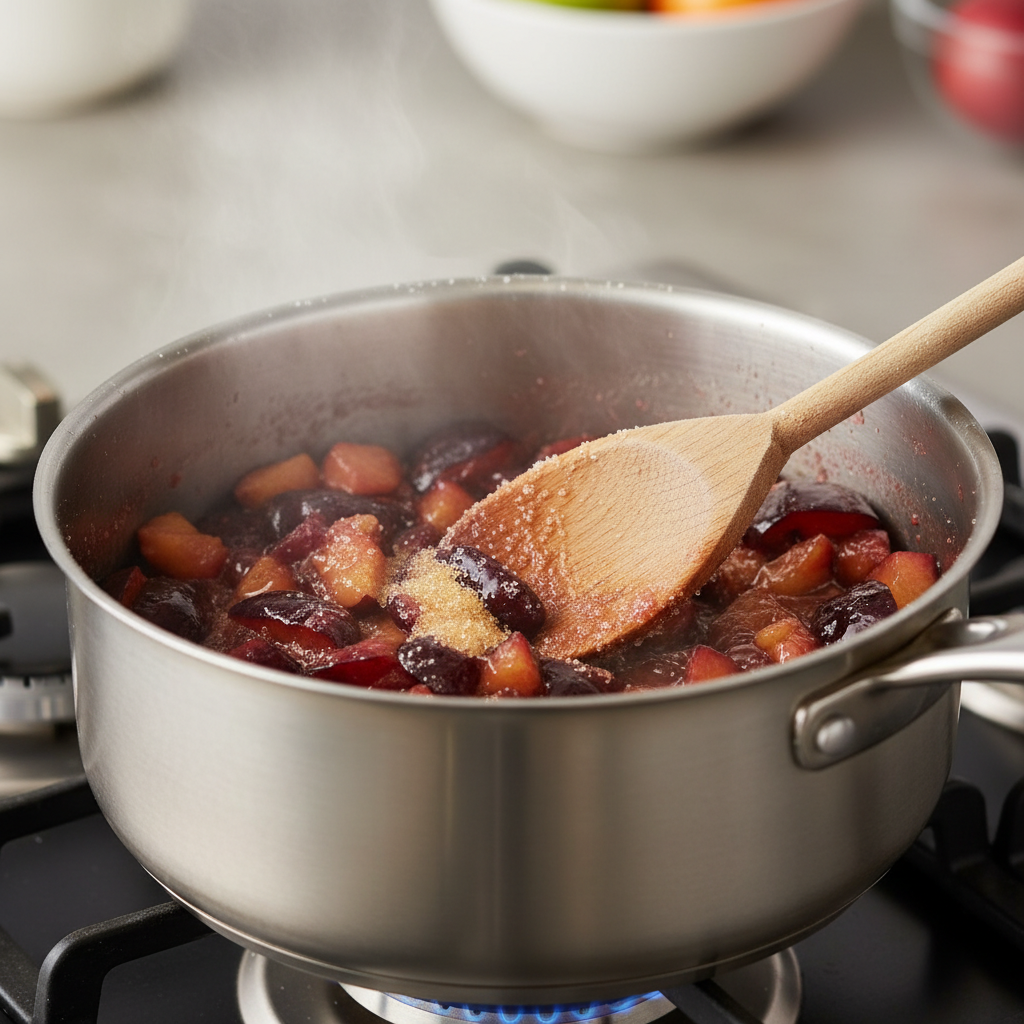 Pot with chopped plums, sugar, and lemon juice ready to cook