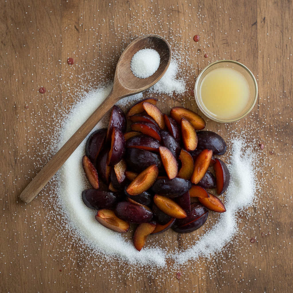 Ingredients for plum jam on table