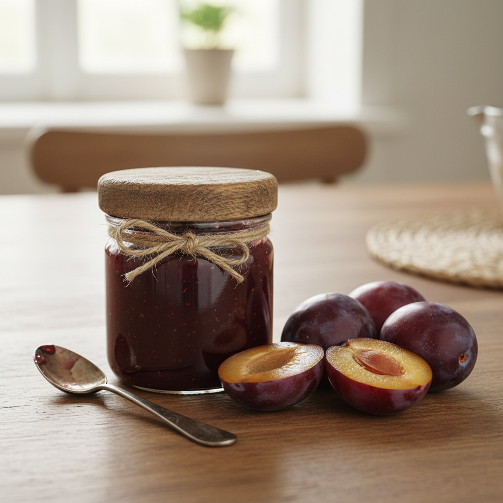Jar of plum jam with spoon ready to serve