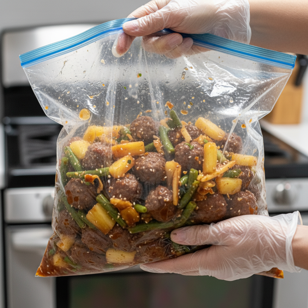 Mixing sauce and meatballs for Sweet and Sour Meatballs