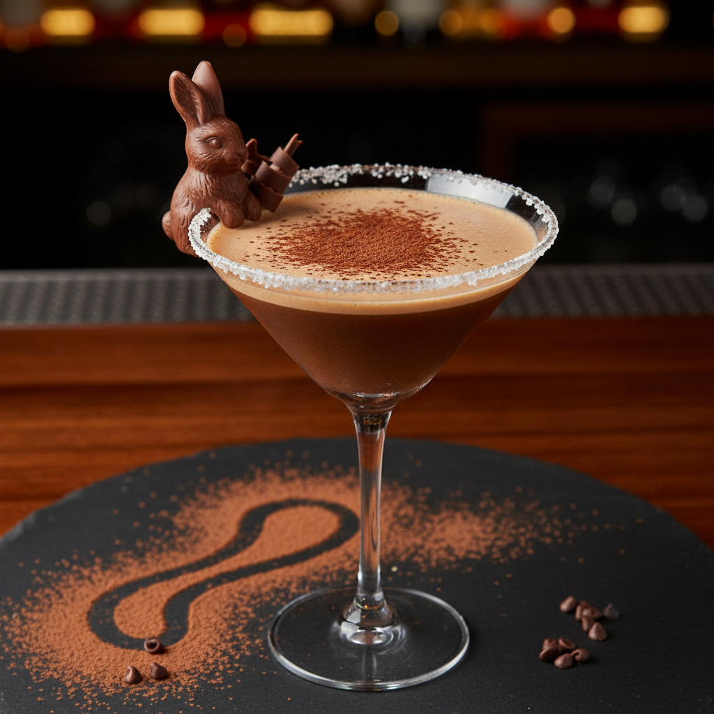 Chocolate Bunny Martini cocktail with chocolate decorations