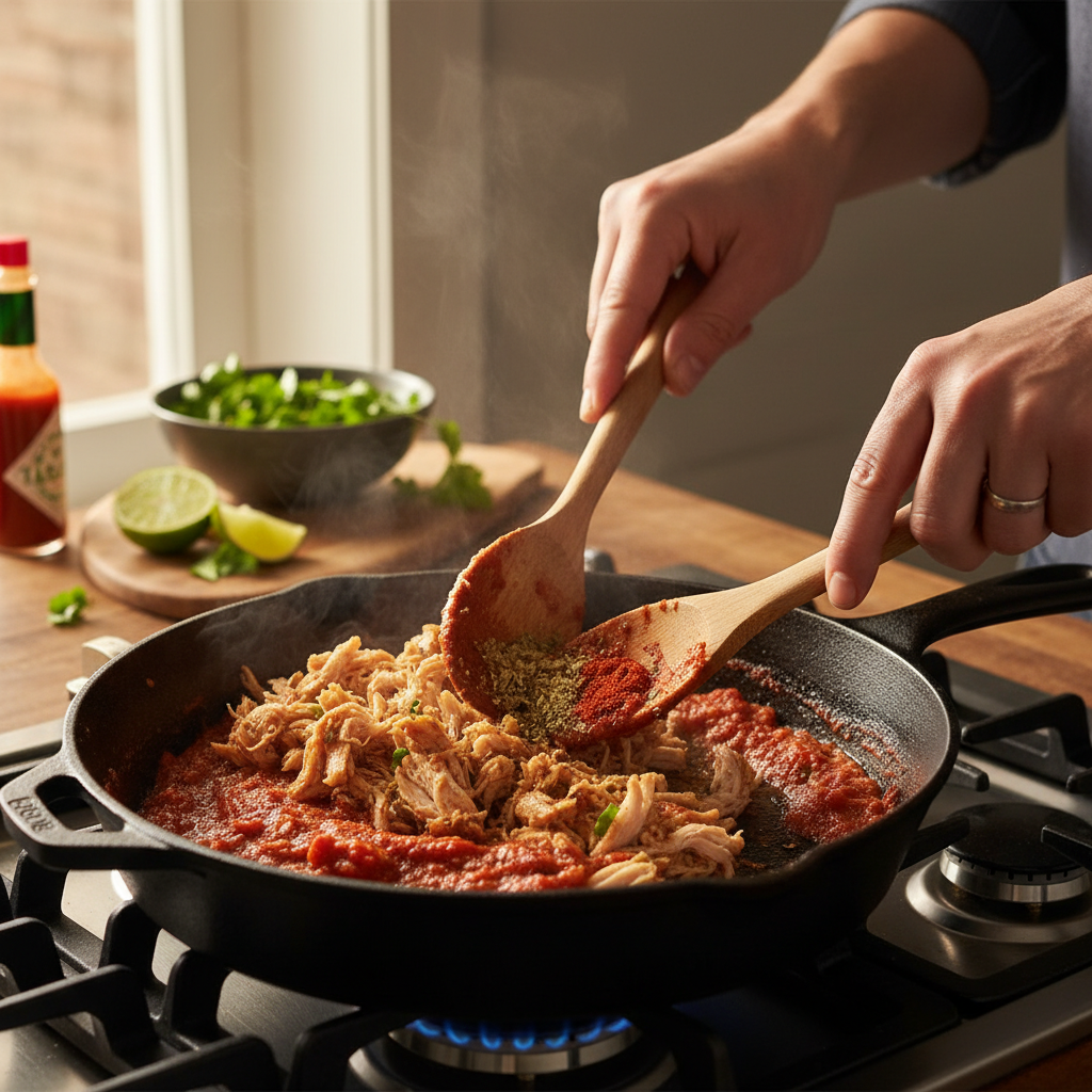 Shredded chicken mixed with salsa and spices in skillet