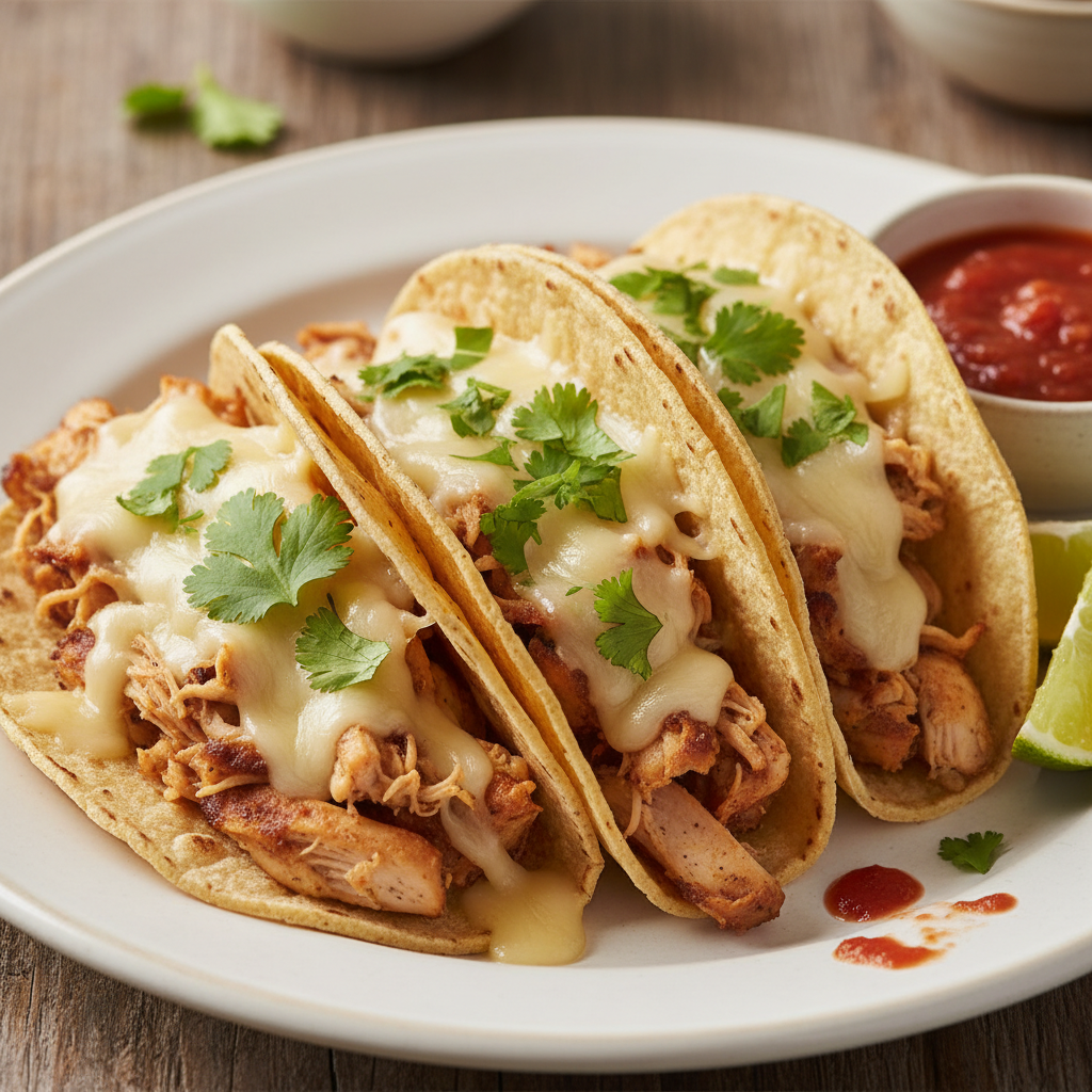 Finished Easy Rotisserie Chicken Tacos with toppings