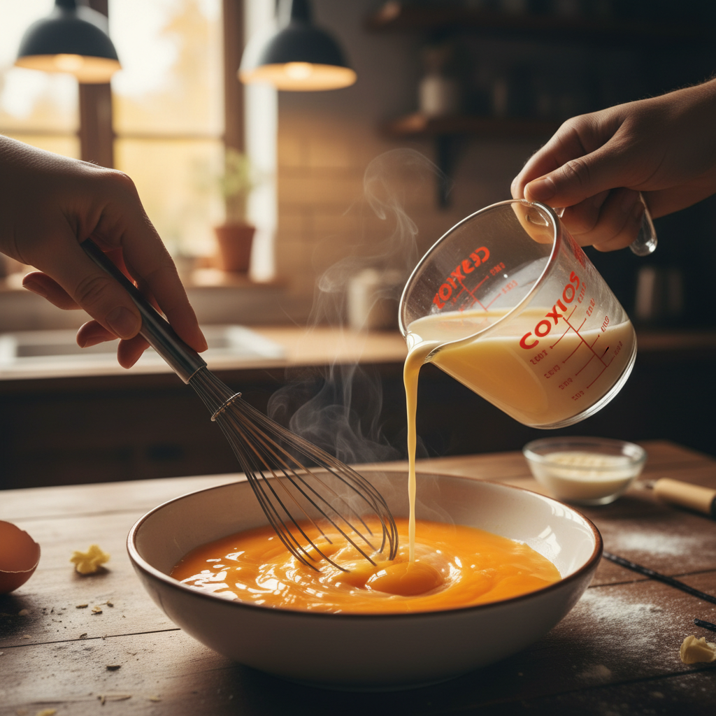 Mixing and tempering eggs with hot milk