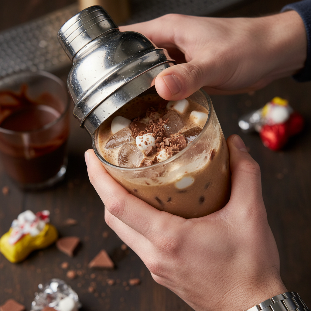 Shaking cocktail in shaker with ice