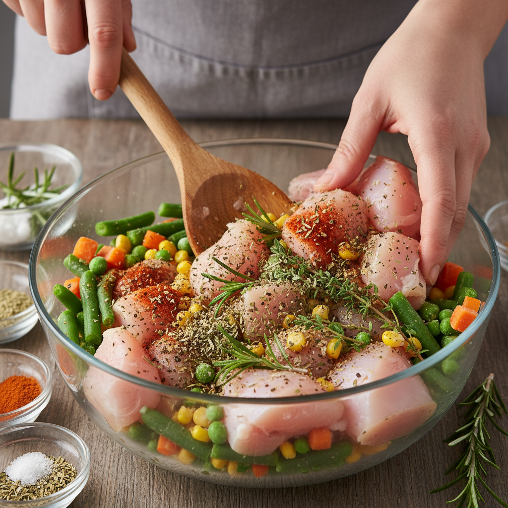 Adding spices and vegetables to slow cooker pot pie