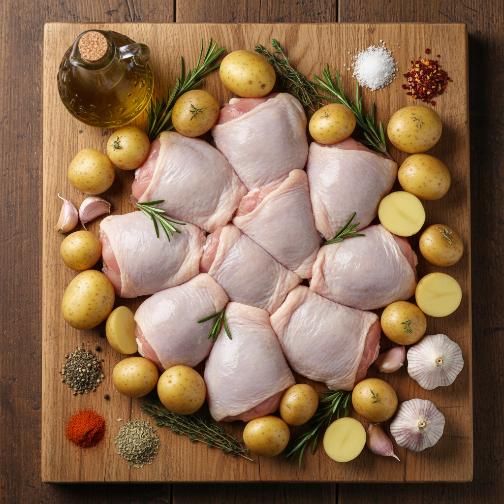 Ingredients and kitchen tools for soy garlic chicken thighs