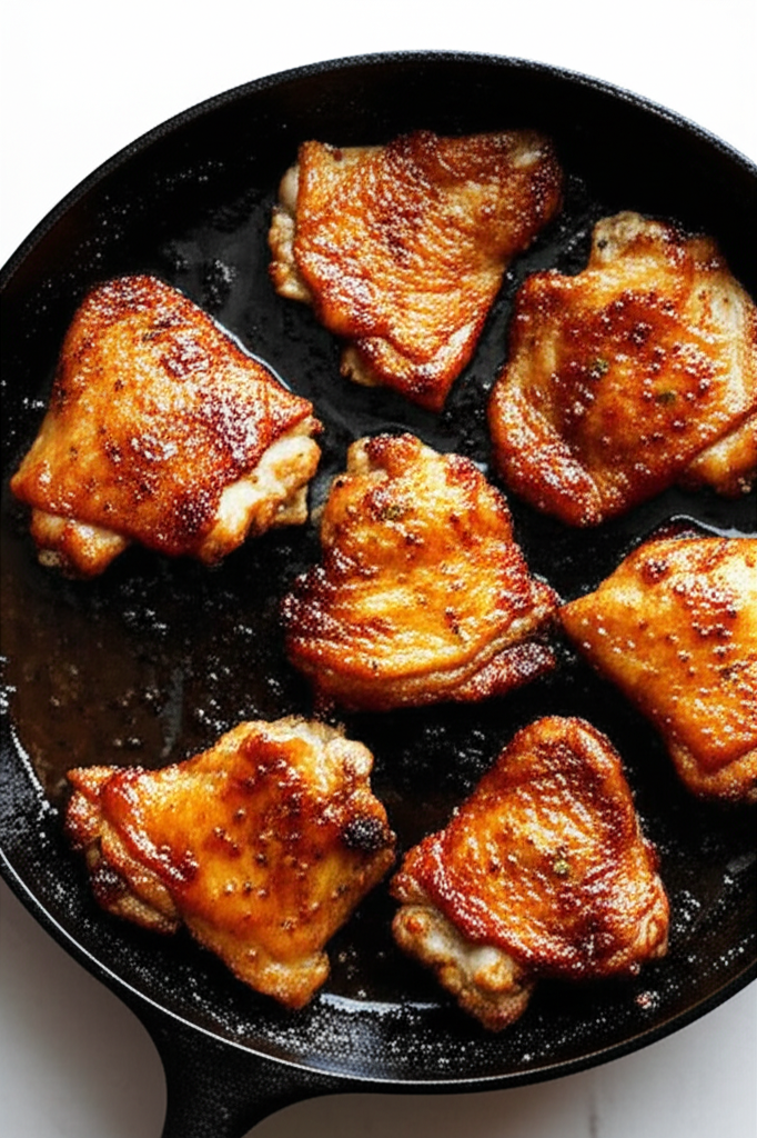 Soy Garlic Chicken Thighs cooked in a skillet
