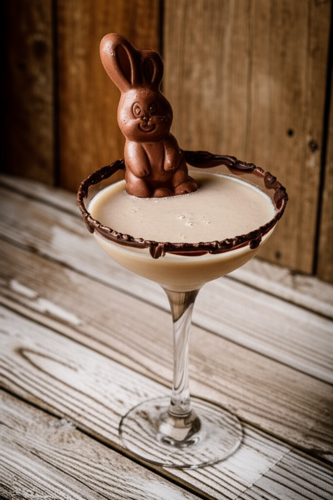 Chocolate Bunny Martini cocktail glass with chocolate drizzle