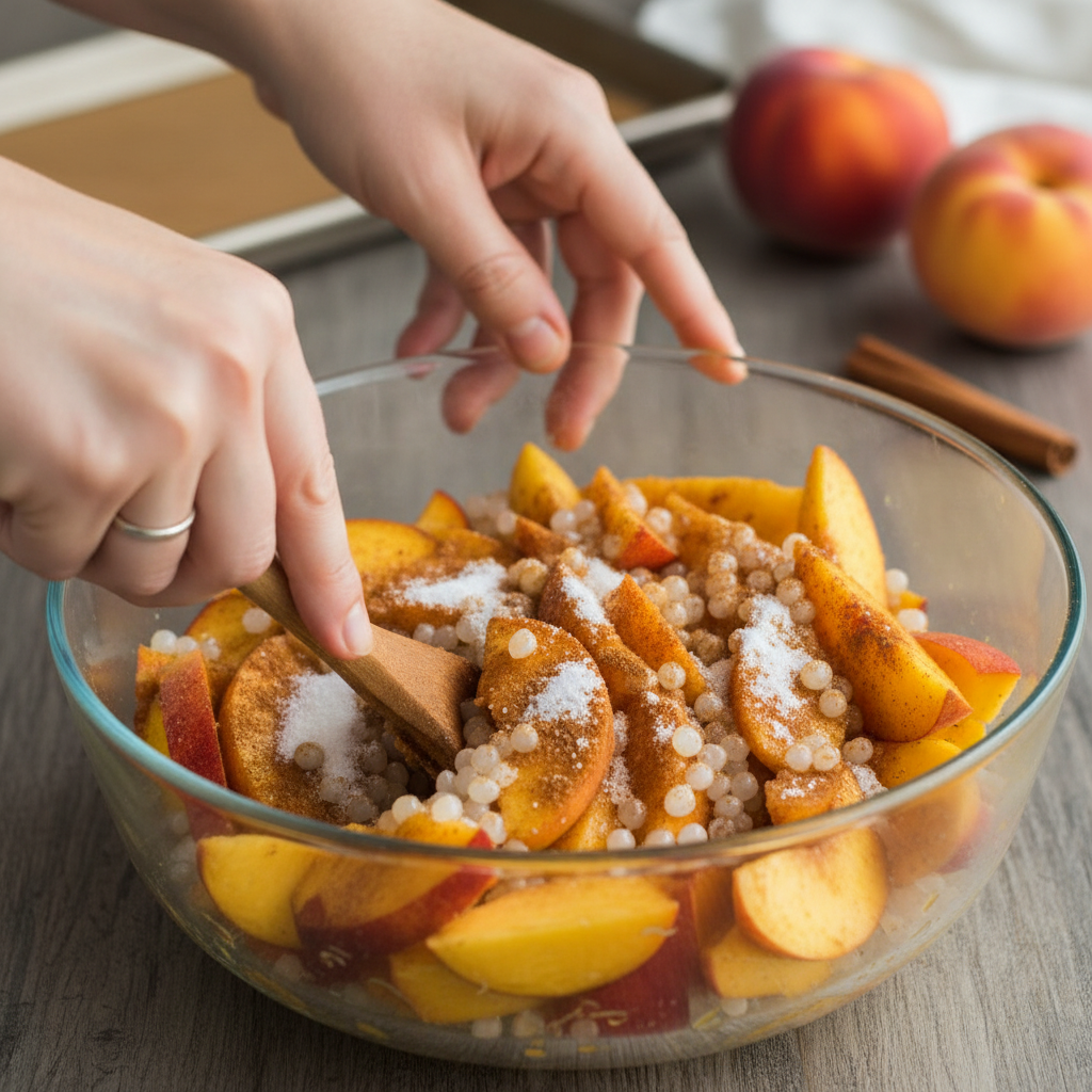 Peaches being peeled quickly using hot water and ice bath technique