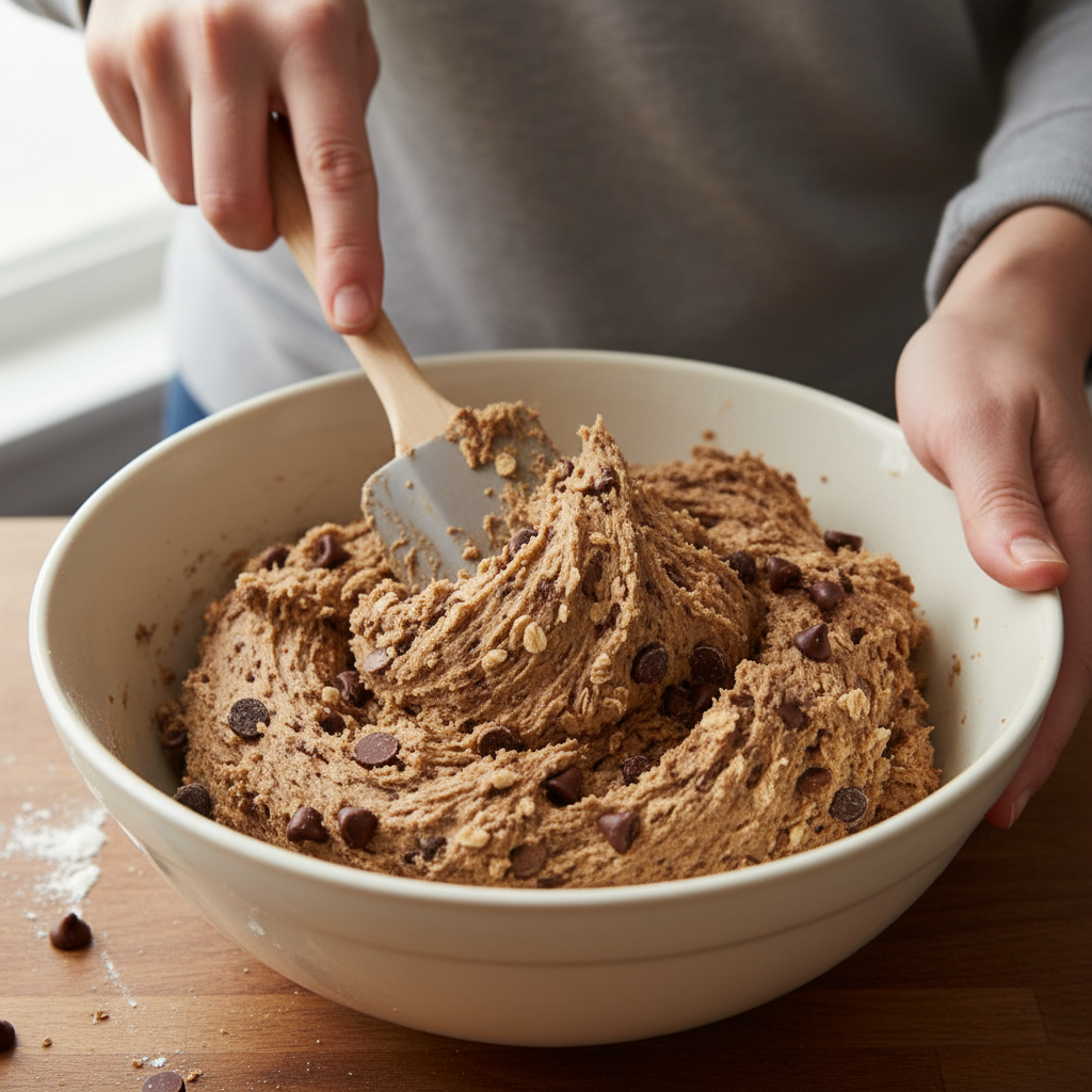 Mixing ingredients for edible chocolate chip cookie dough