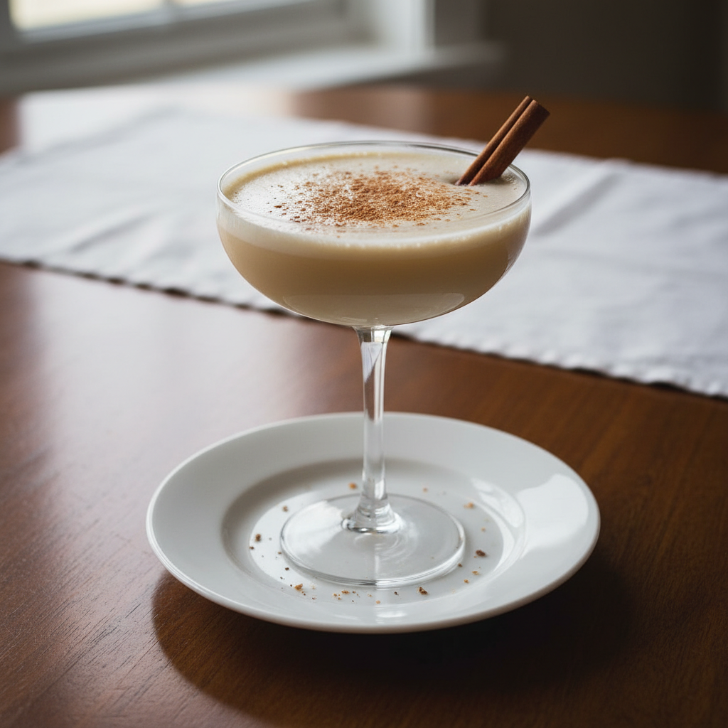 Glass of Eggnog Brandy Alexander cocktail ready to enjoy