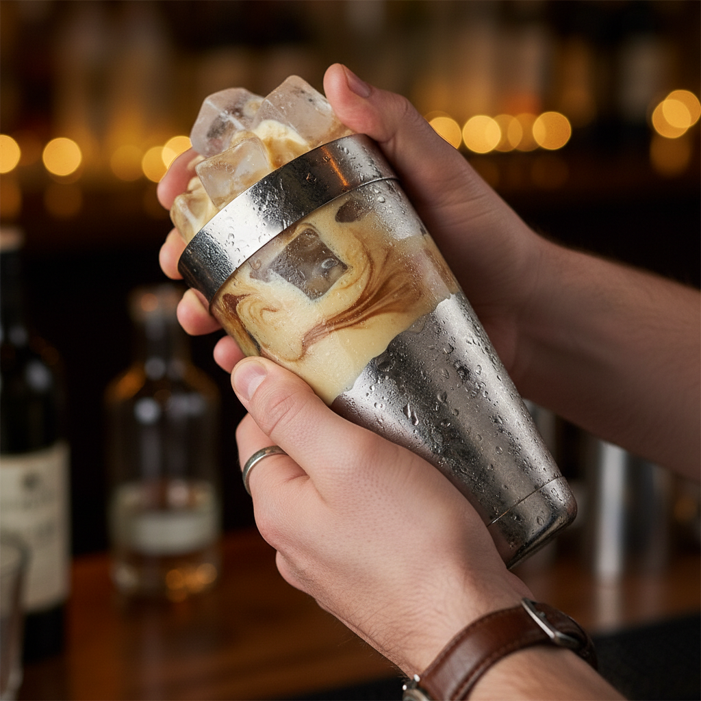 Preparing Eggnog Brandy Alexander cocktail in shaker