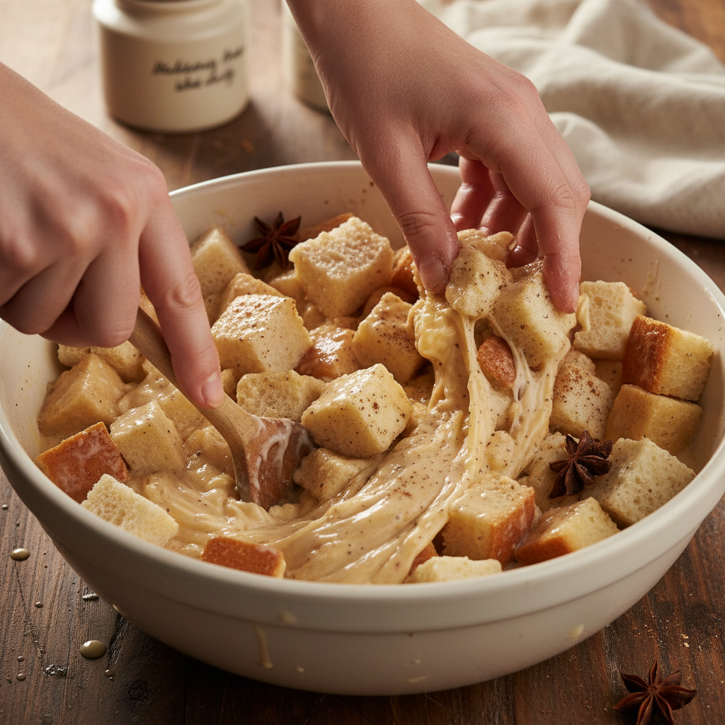 Bread soaking in eggnog mixture
