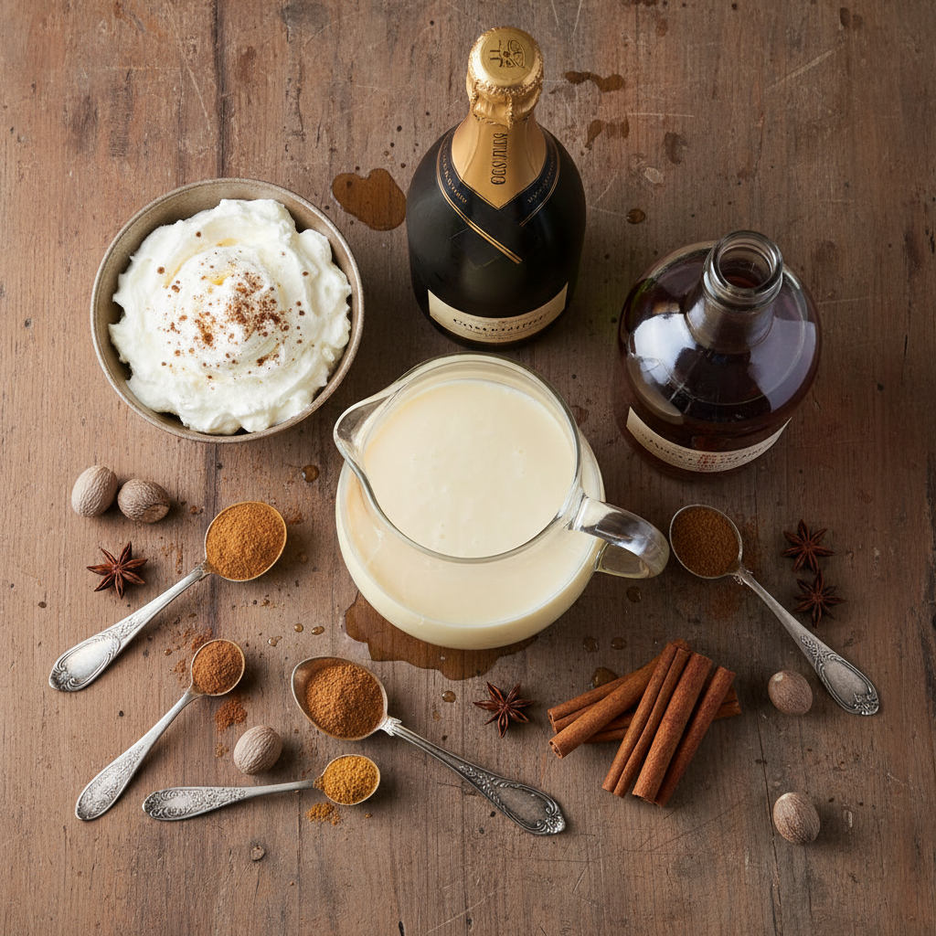 Ingredients for Eggnog Champagne Fizz laid out on table