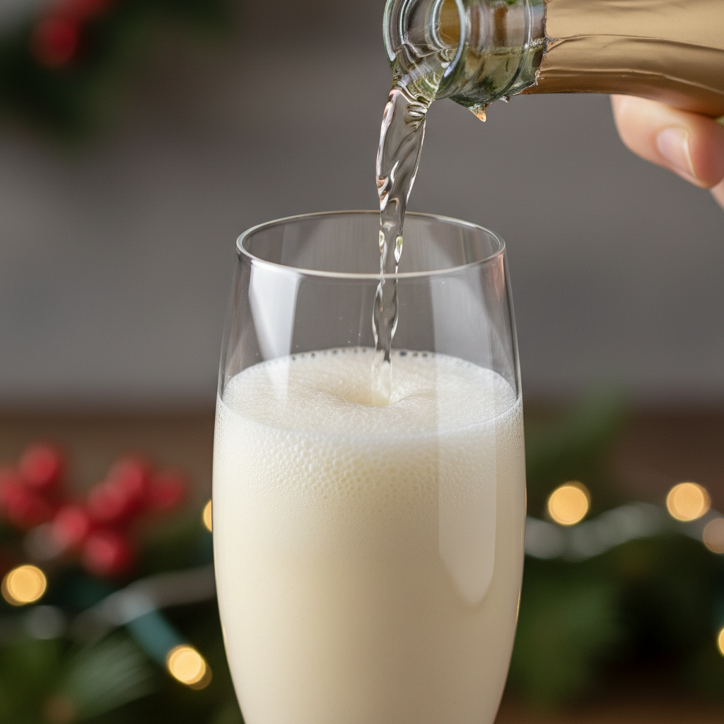 Step-by-step instructions for making Eggnog Champagne Fizz in glass