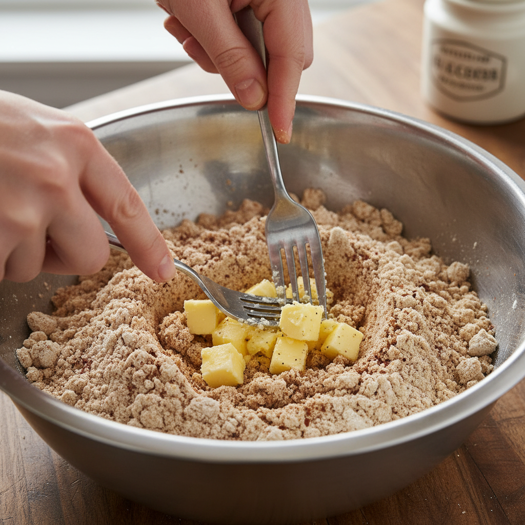 Mixing crumble topping for eggnog cheesecake bars