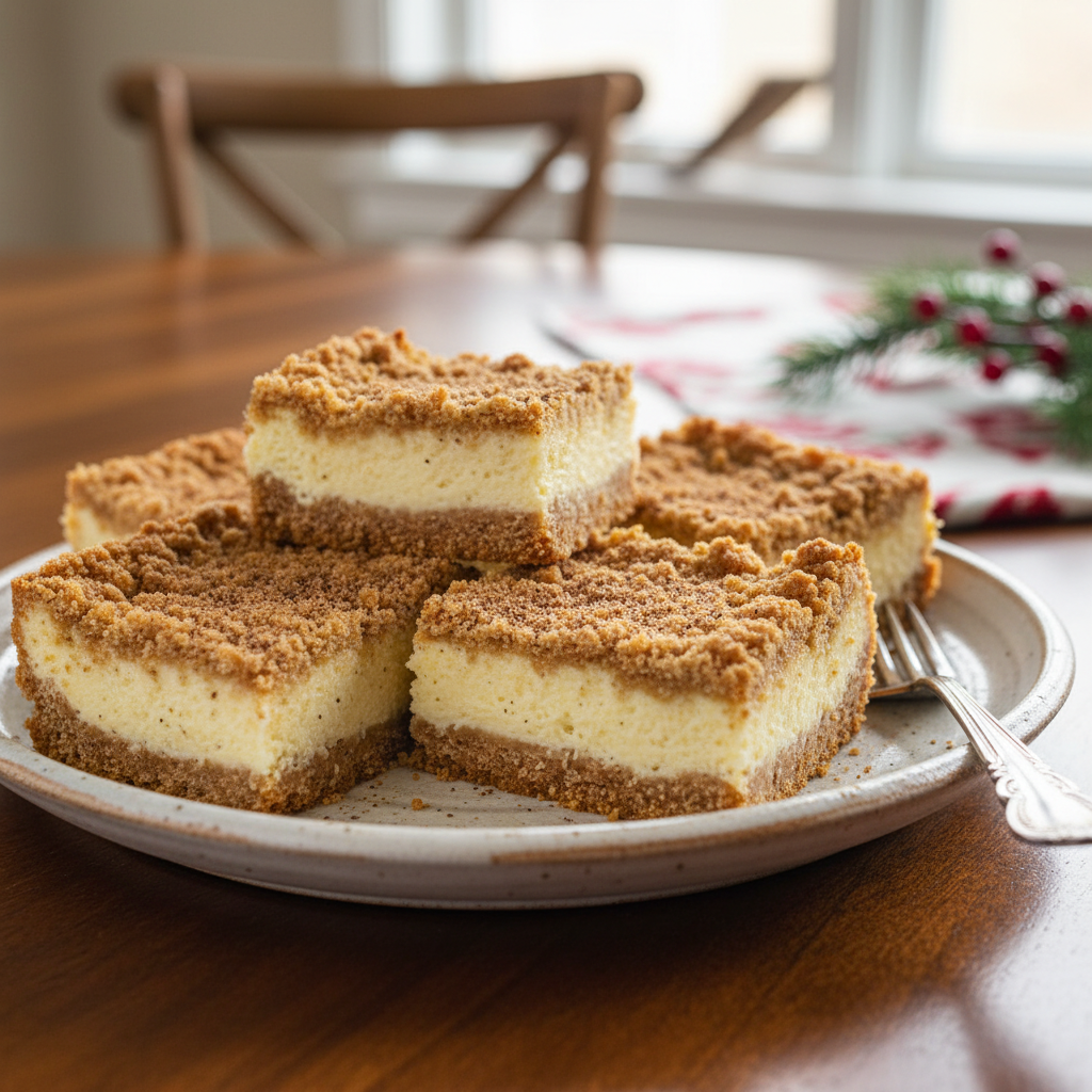 Freshly baked eggnog cheesecake crumble bars ready to serve