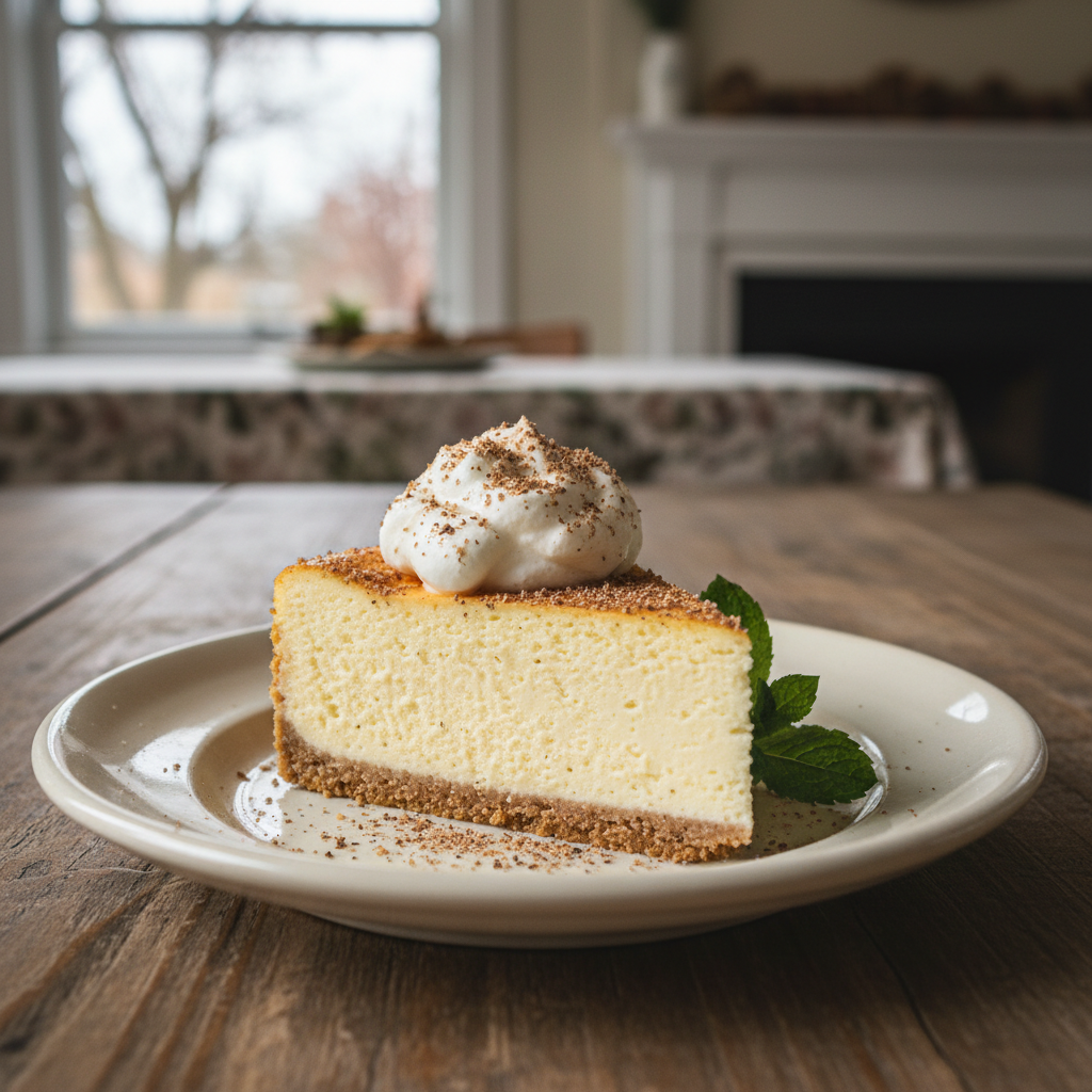 Finished eggnog cheesecake with nutmeg whipped cream