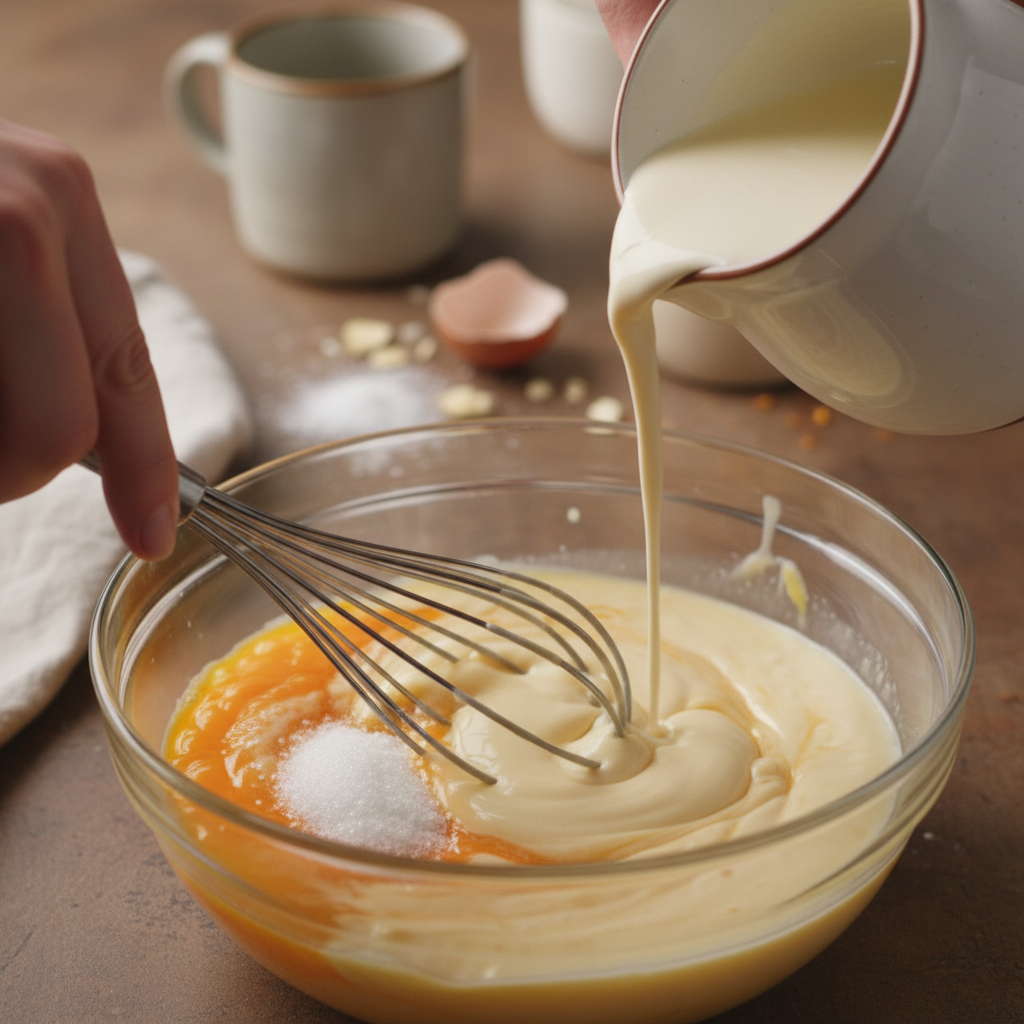 Whisking custard ingredients and straining mixture through fine mesh