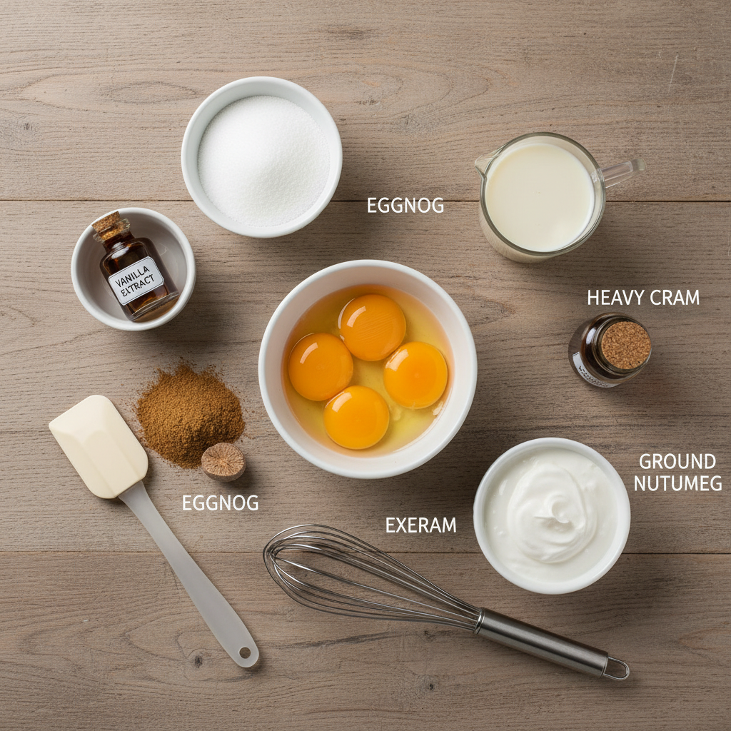 Ingredients and kitchen tools laid out for custard preparation