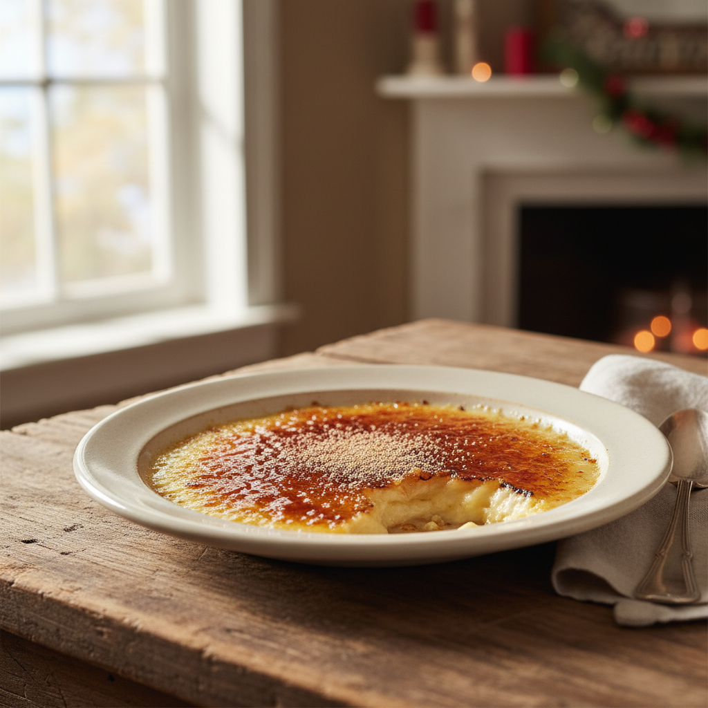 Finished eggnog crème brûlée with golden caramelized sugar crust