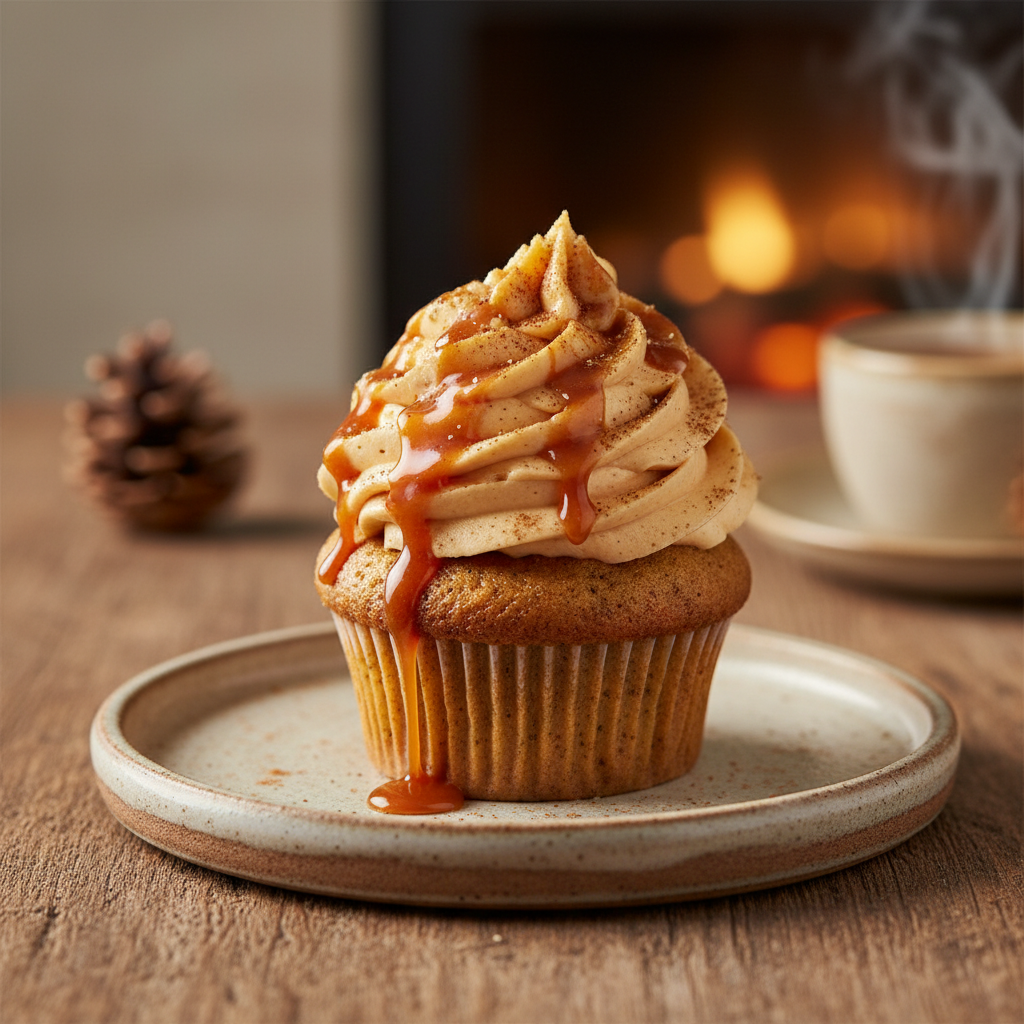 Finished Eggnog Cupcakes with caramel drizzle and nutmeg on top