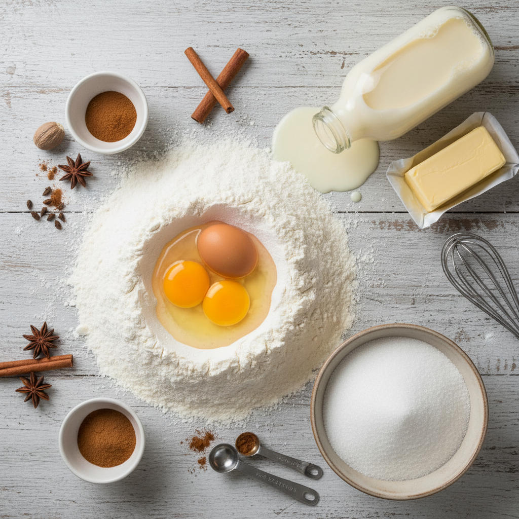 Ingredients and materials to bake Eggnog Cupcakes