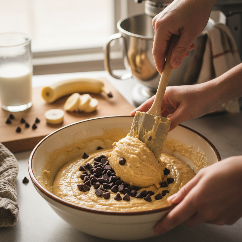 Banana chocolate chip batter mixed and spread in pan