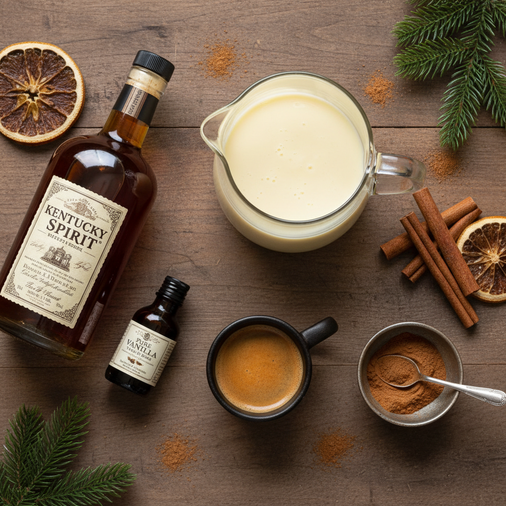 Ingredients for Eggnog Latte Cocktail on a table