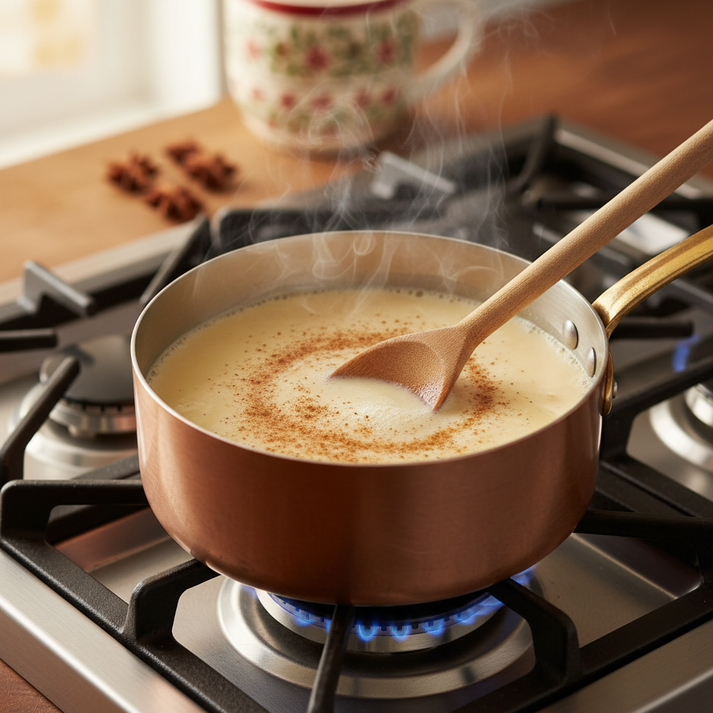 Warming eggnog in a saucepan on the stove