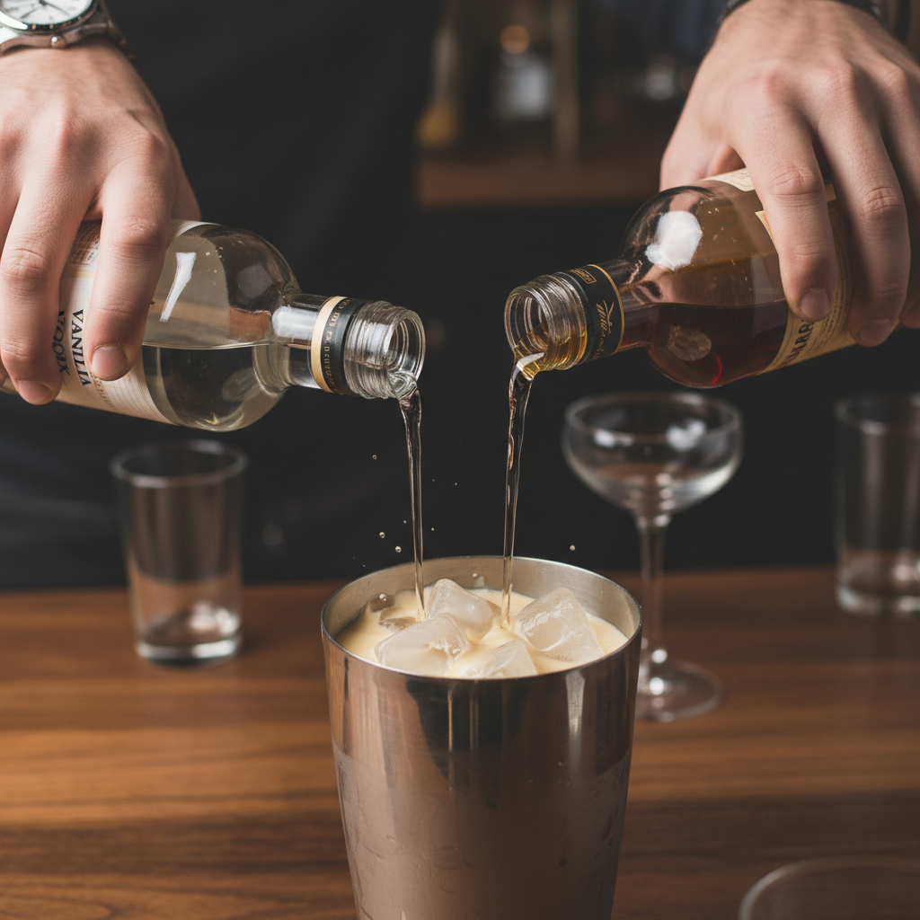 Cocktail shaker mixing Eggnog Martini ingredients