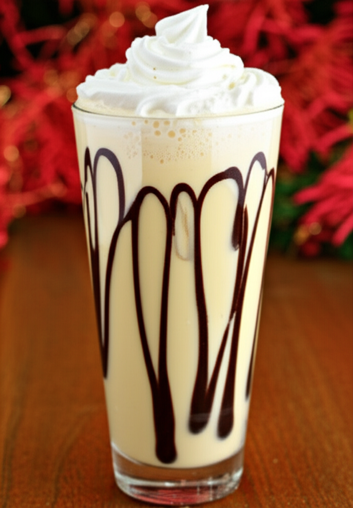 Eggnog Mudslide cocktail in glass with chocolate drizzle