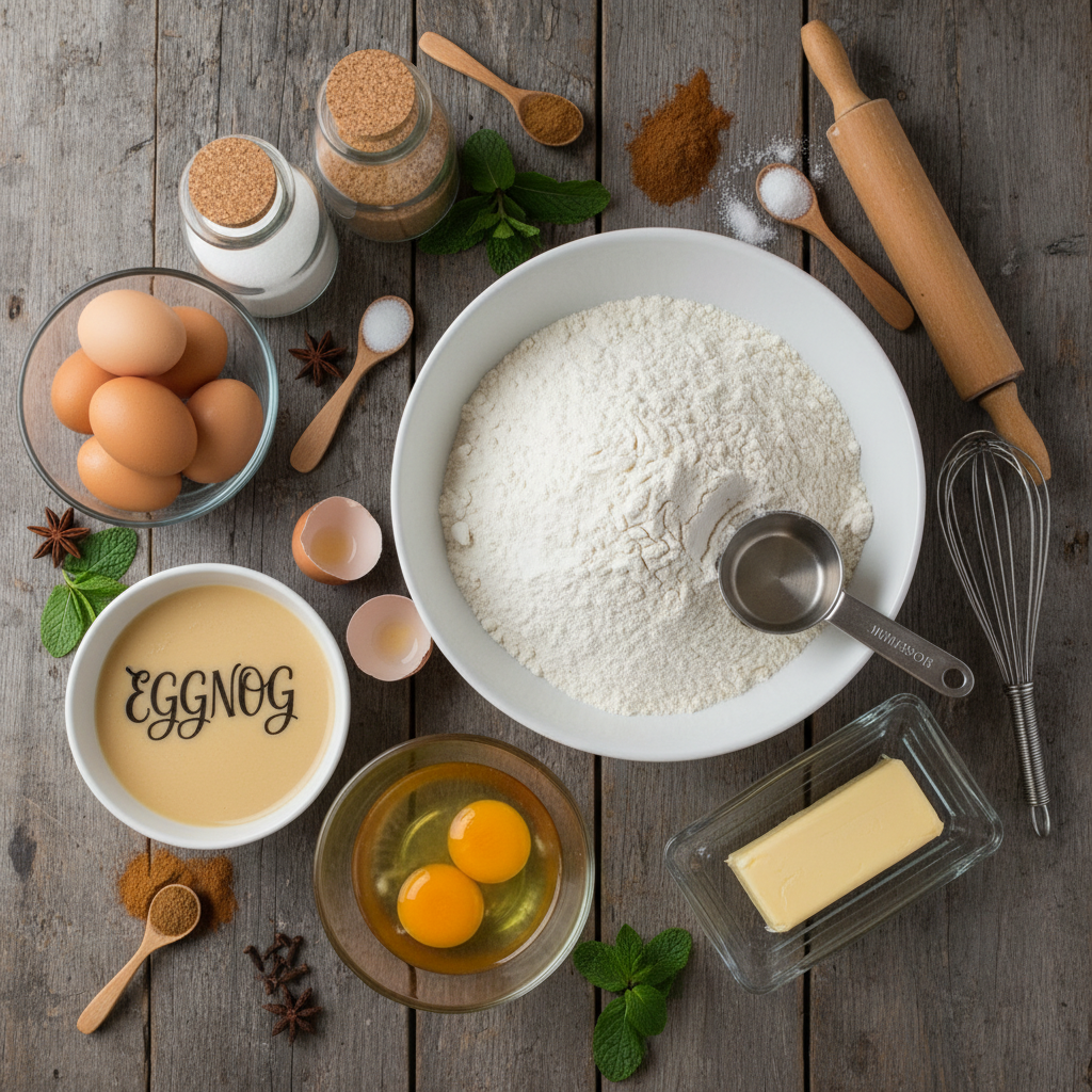 Ingredients and kitchen utensils for eggnog pancakes