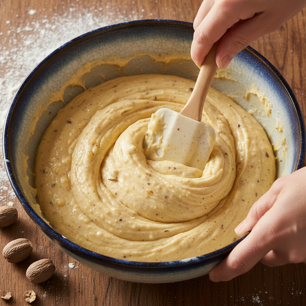 Mixing pancake batter gently to keep lumps