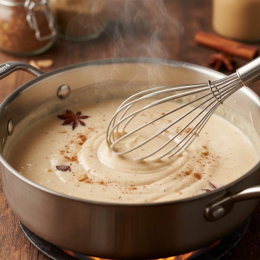 Heating the eggnog panna cotta cream mixture gently