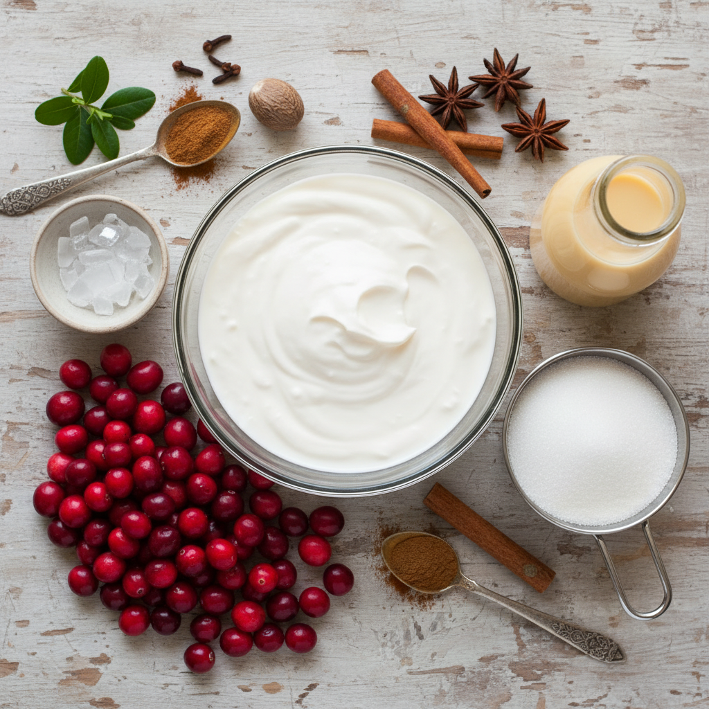 Ingredients for Eggnog Panna Cotta and Spiked Cranberry Sauce