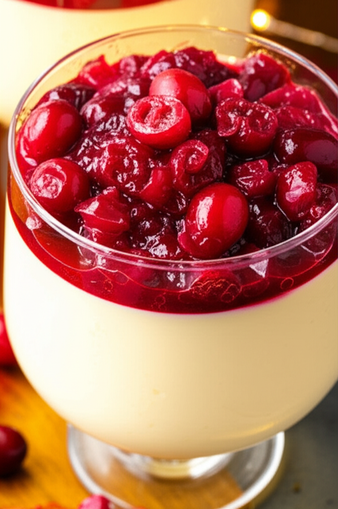 Festive Eggnog Panna Cotta with Spiked Cranberry Sauce