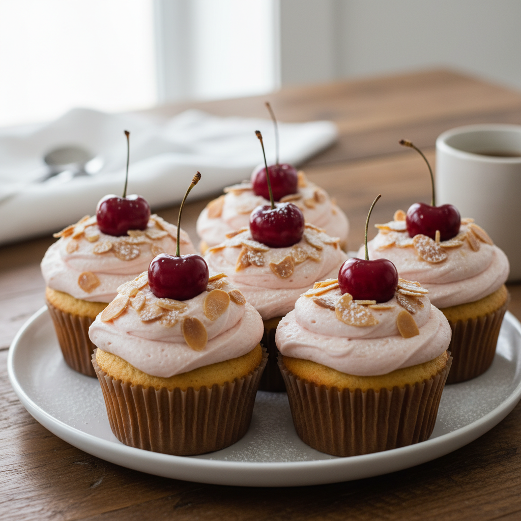 Decorated cherry almond cupcakes