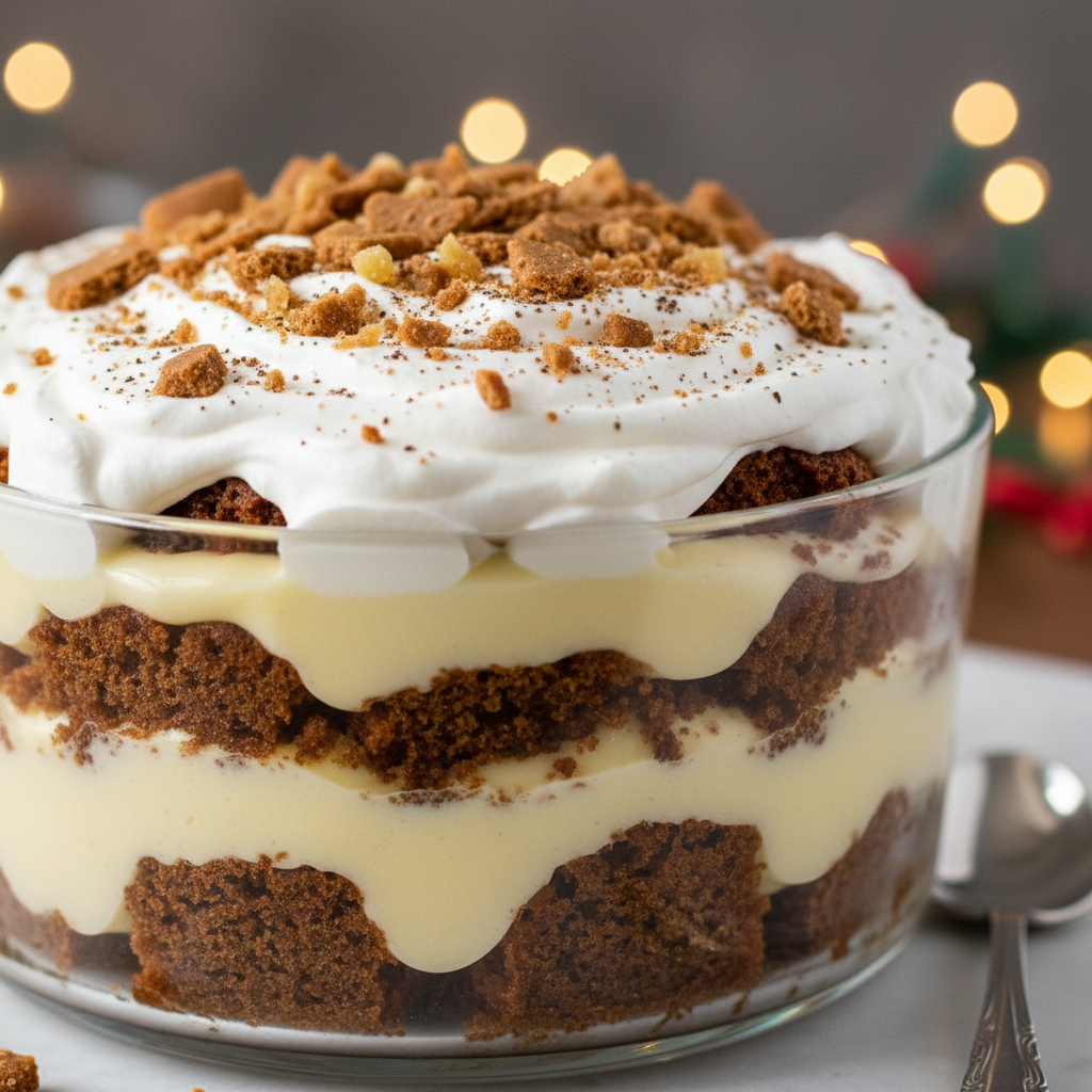 Eggnog Trifle ready to serve with festive decoration
