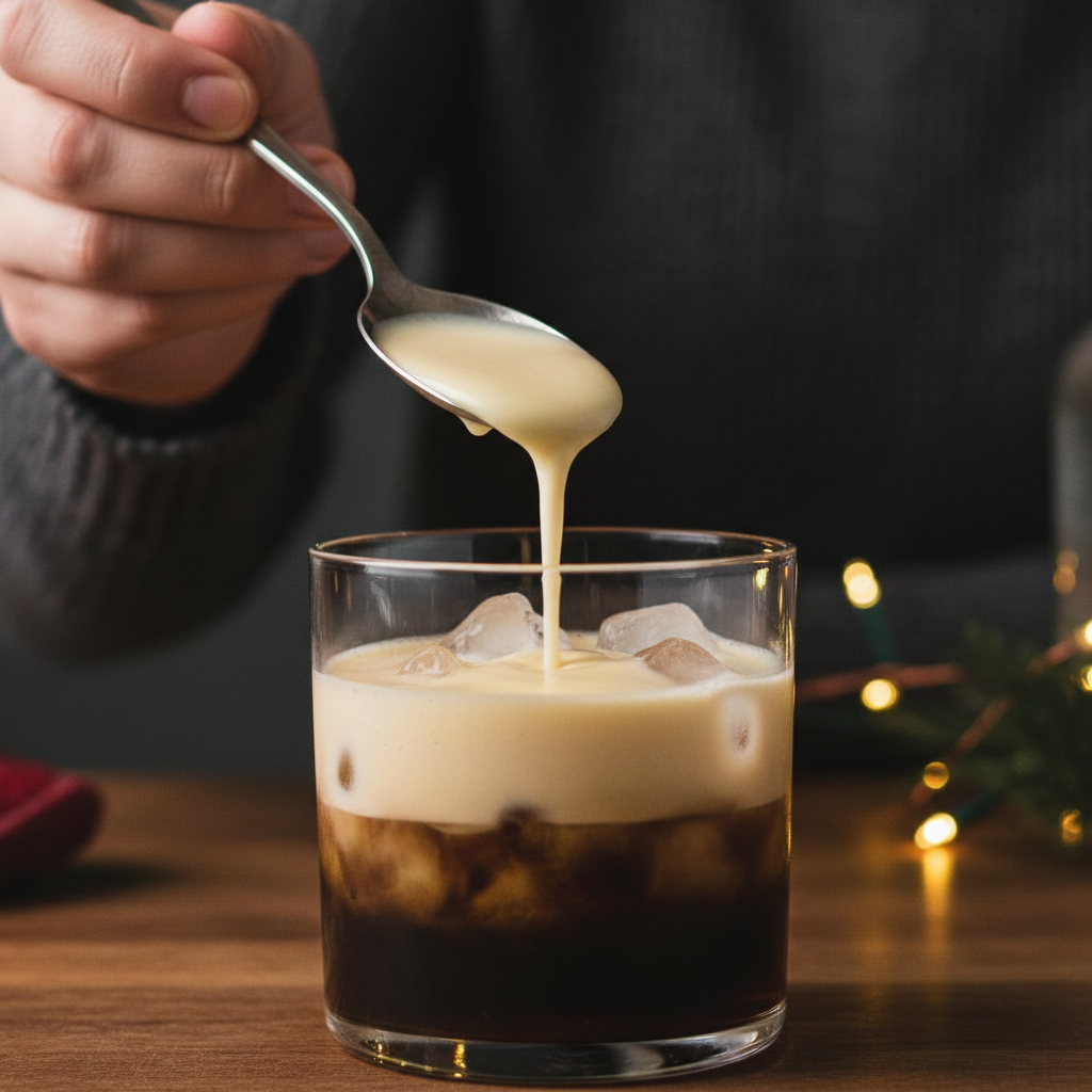 Layering vodka and coffee liqueur in a rocks glass with ice