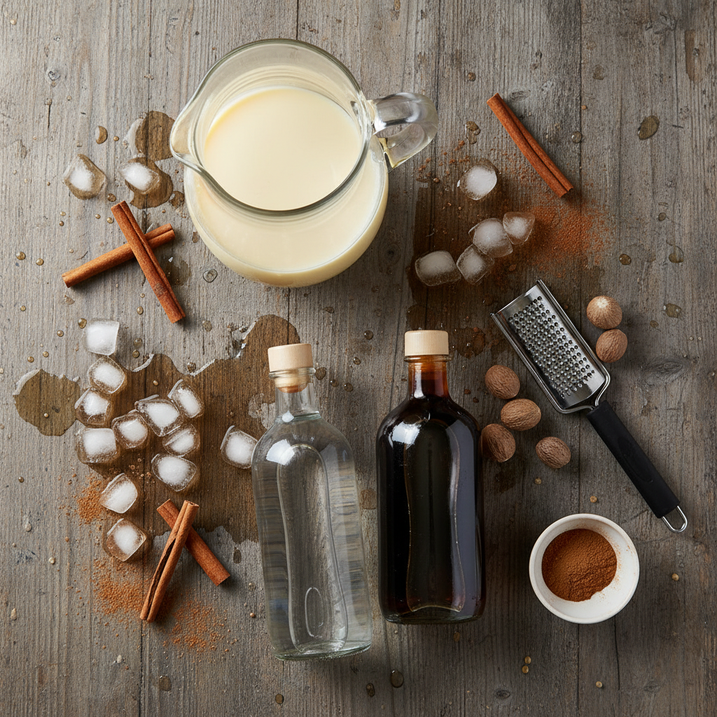 Ingredients for Eggnog White Russian laid out on a table