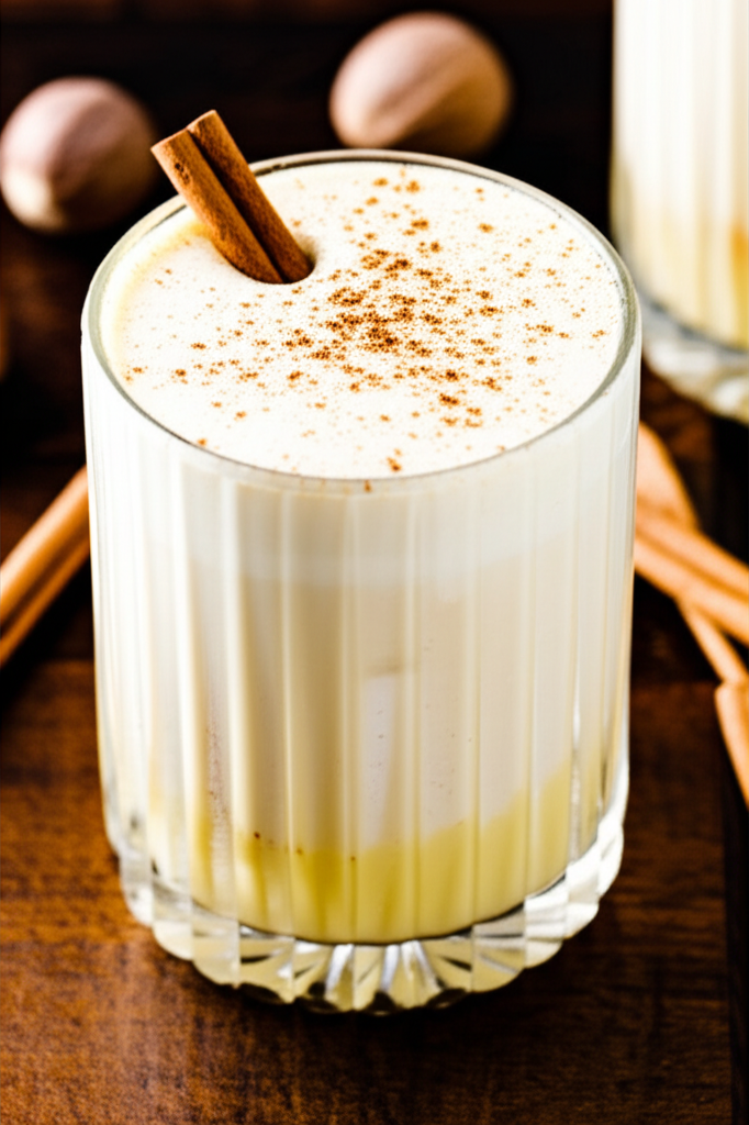Eggnog White Russian drink glass with festive background
