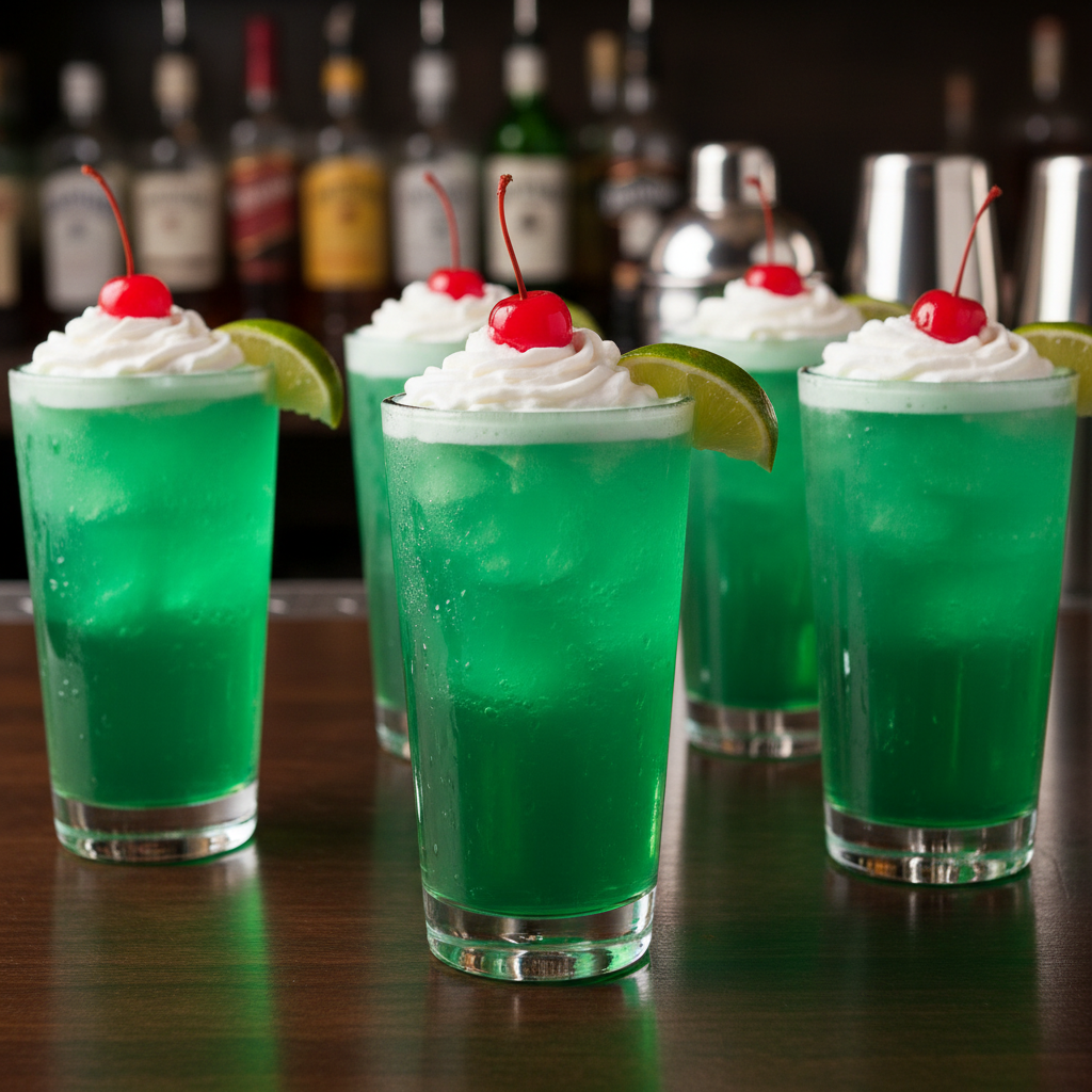 Festive glass of Emerald Isle Punch with lime and cherry garnish