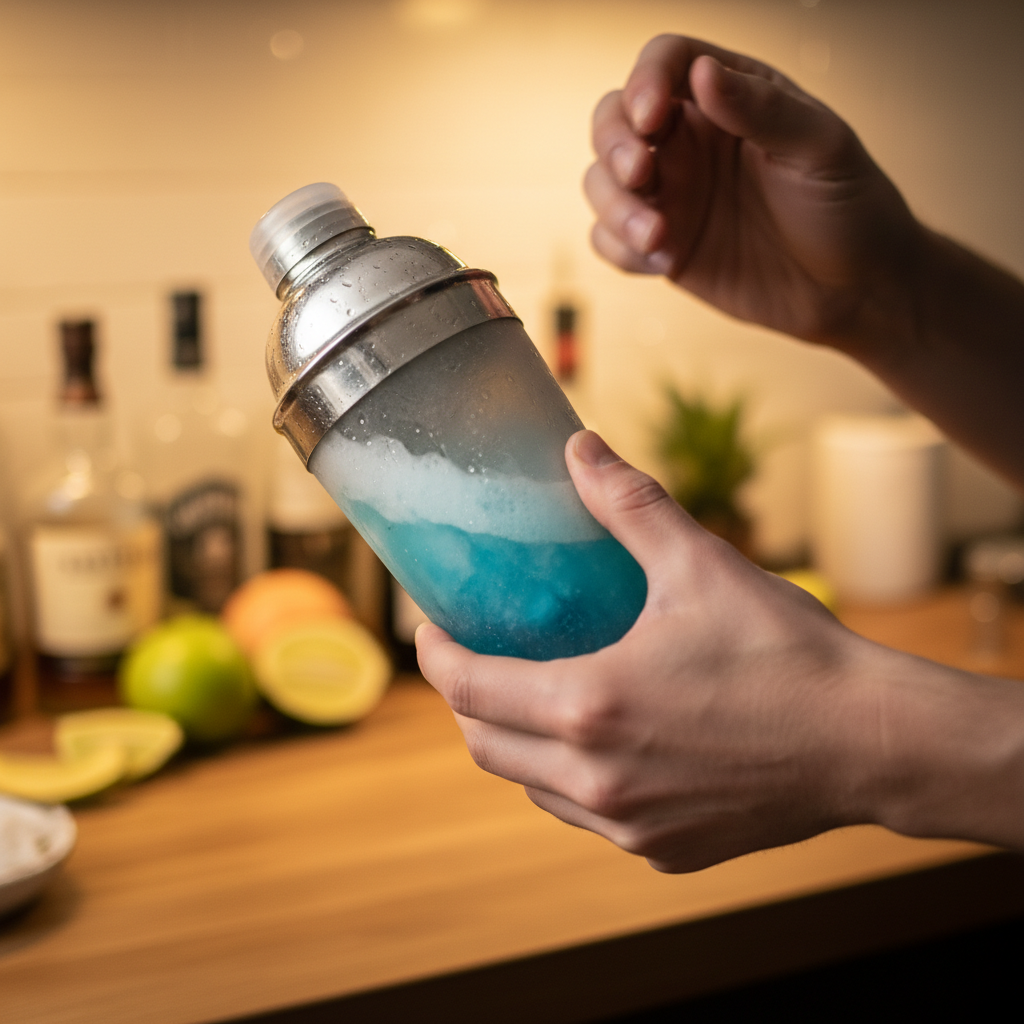 Cocktail shaker with blue liquid being shaken