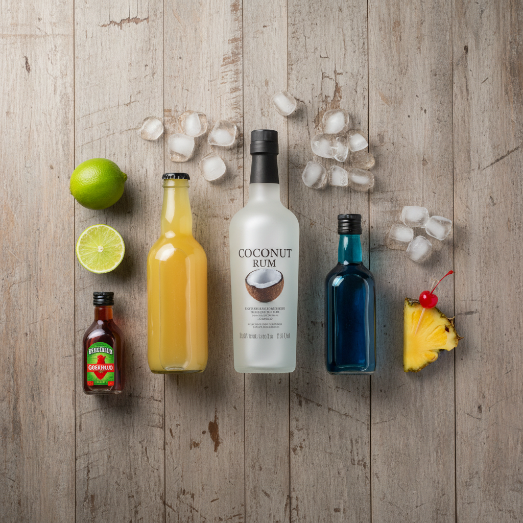 Ingredients for Emerald Sunrise cocktail with garnishes