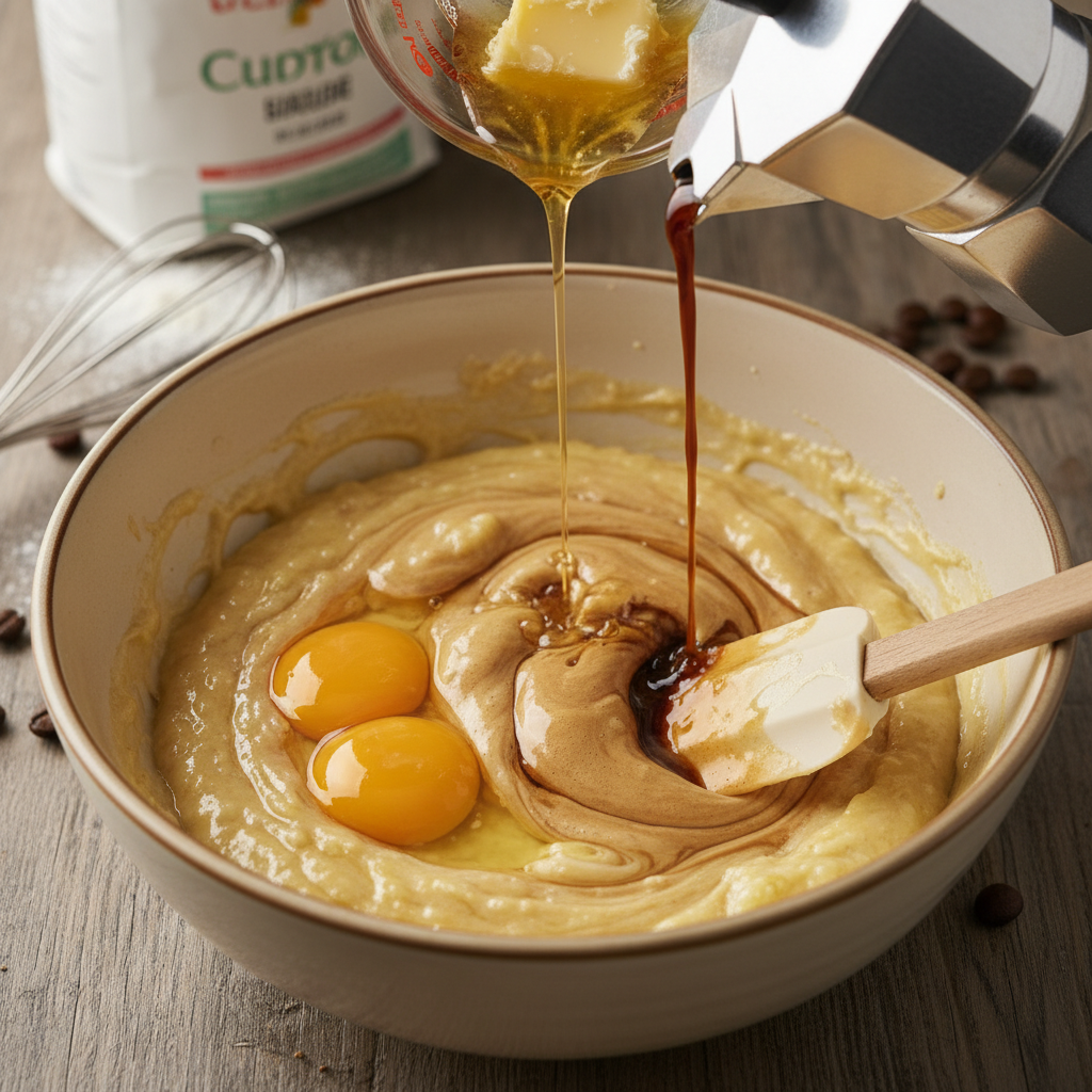 Mixing wet ingredients for banana bread